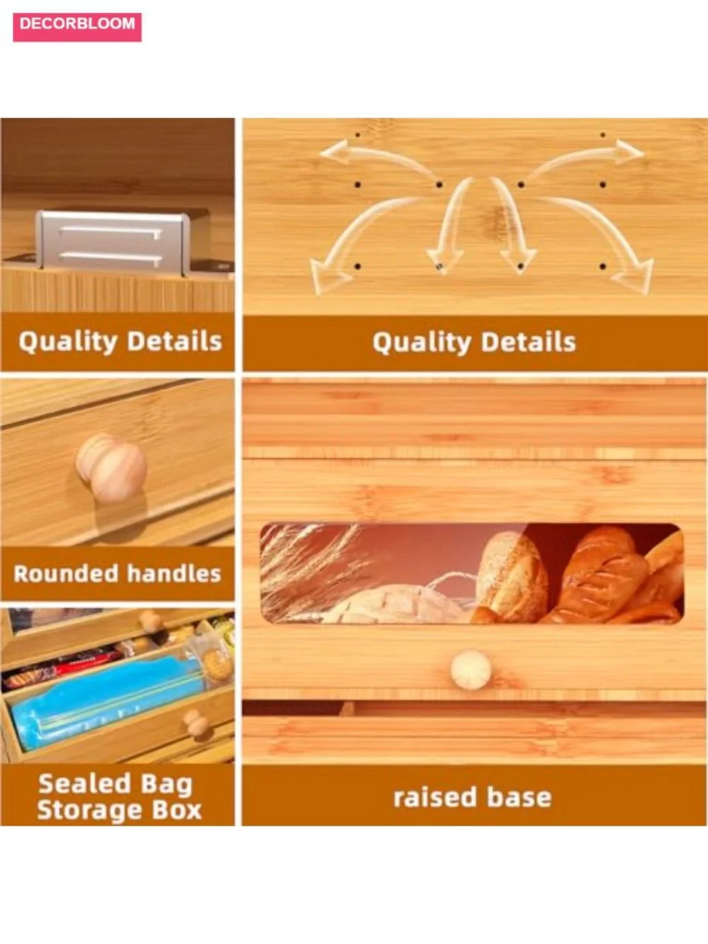 Bamboo Bread Box with Slicer and Display Window for Kitchen Countertop